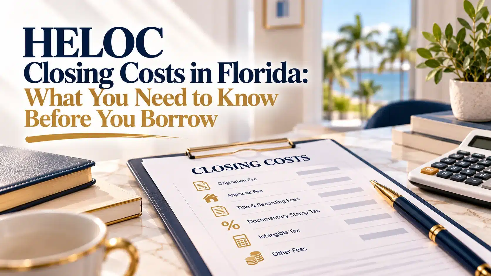 HELOC closing costs in Florida illustration featuring a fee checklist, calculator, and mortgage documents.