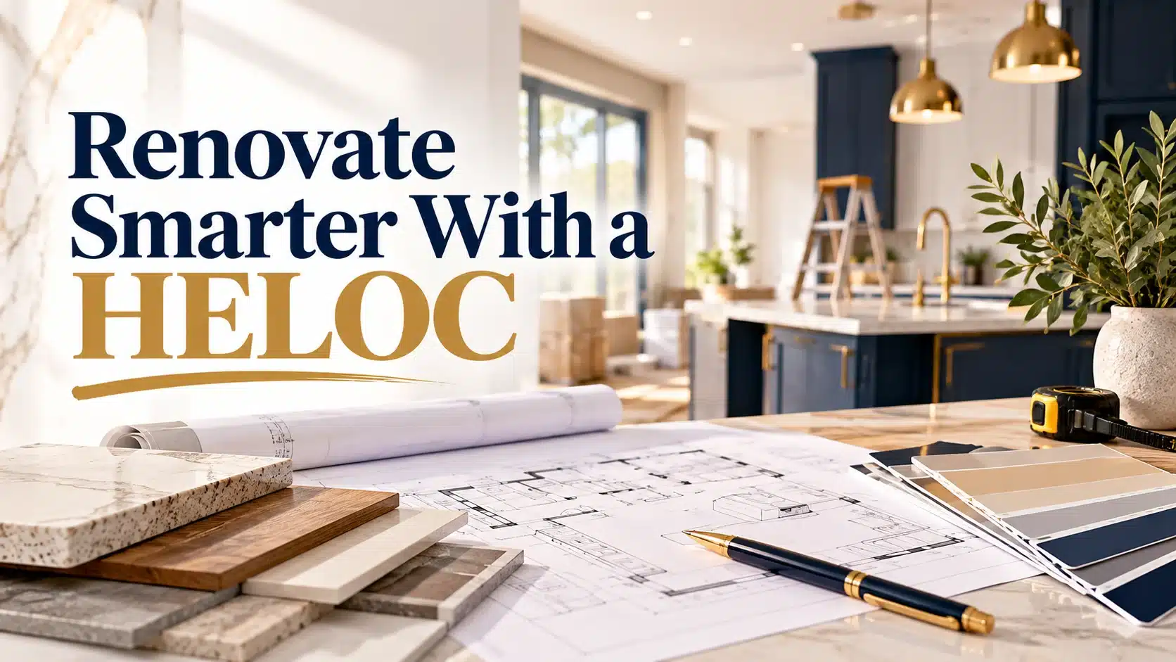 heloc-for-home-renovations-florida-featured Modern kitchen renovation with blueprints and material samples, featuring a HELOC home renovation financing headline.