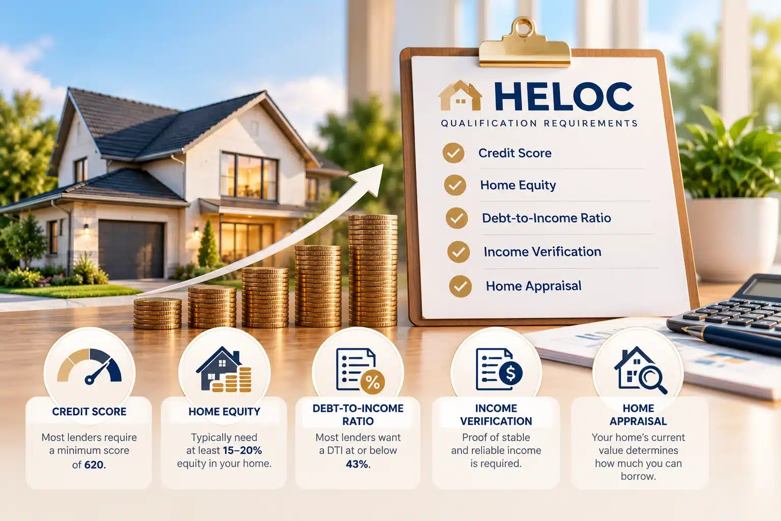 House model, rising coin stacks, and checklist illustrating credit score, home equity, income, and appraisal requirements for a HELOC.