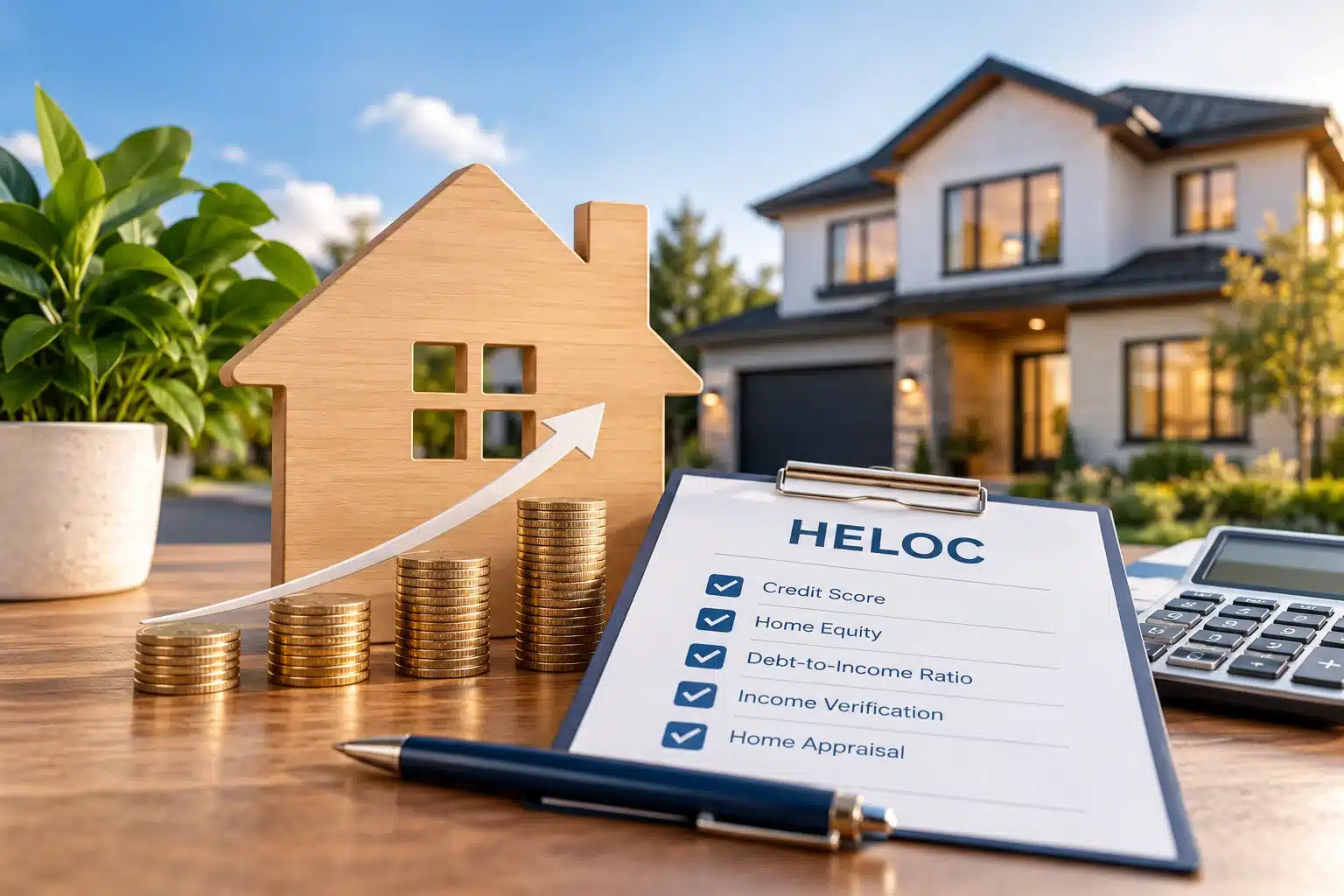 House model, rising coin stacks, and a checklist illustrating credit score, home equity, income, and appraisal requirements for a HELOC.