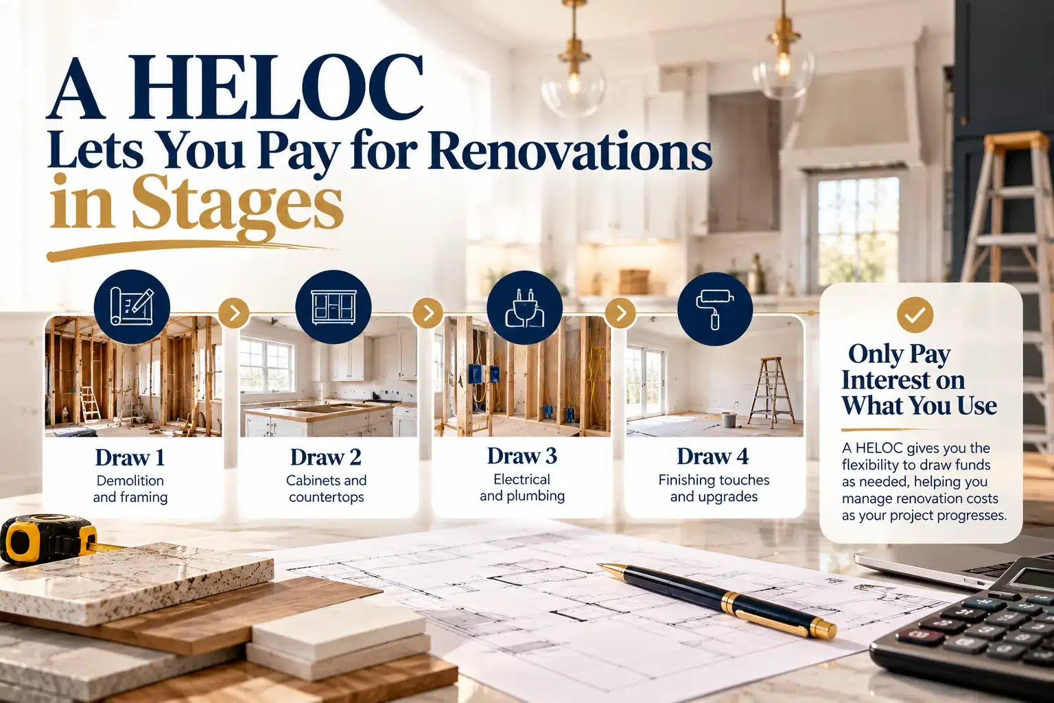 Four stages of a home renovation funded by HELOC withdrawals, including demolition, cabinetry, electrical work, and finishing touches.